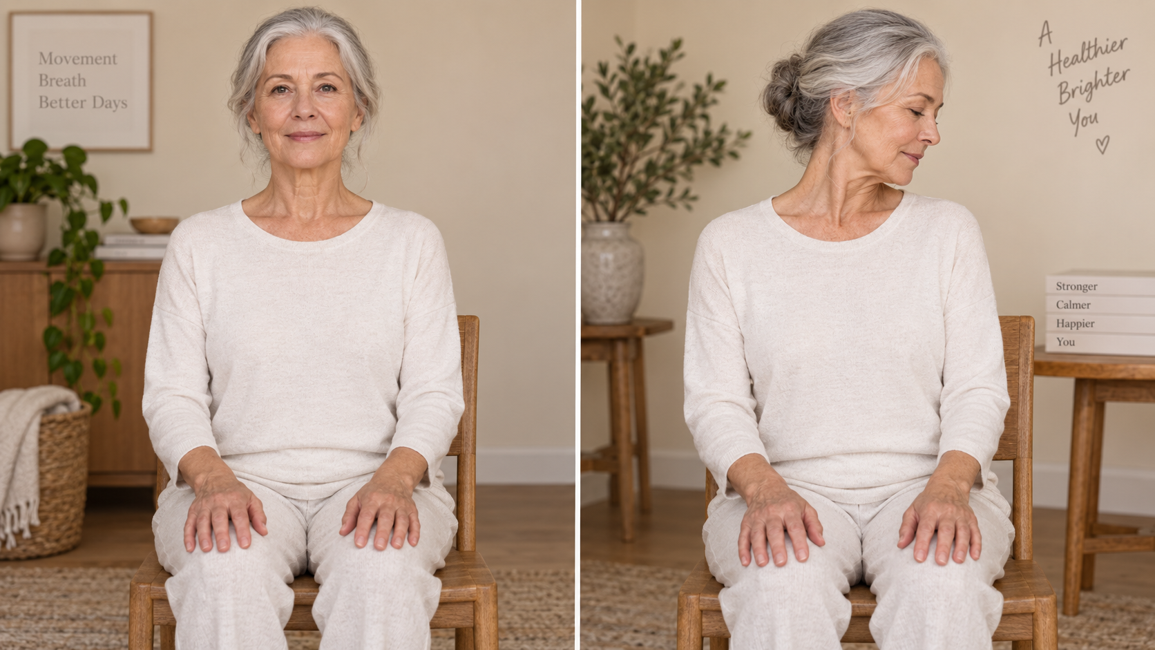 Femme senior réalisant une rotation cervicale, position de départ et de fin