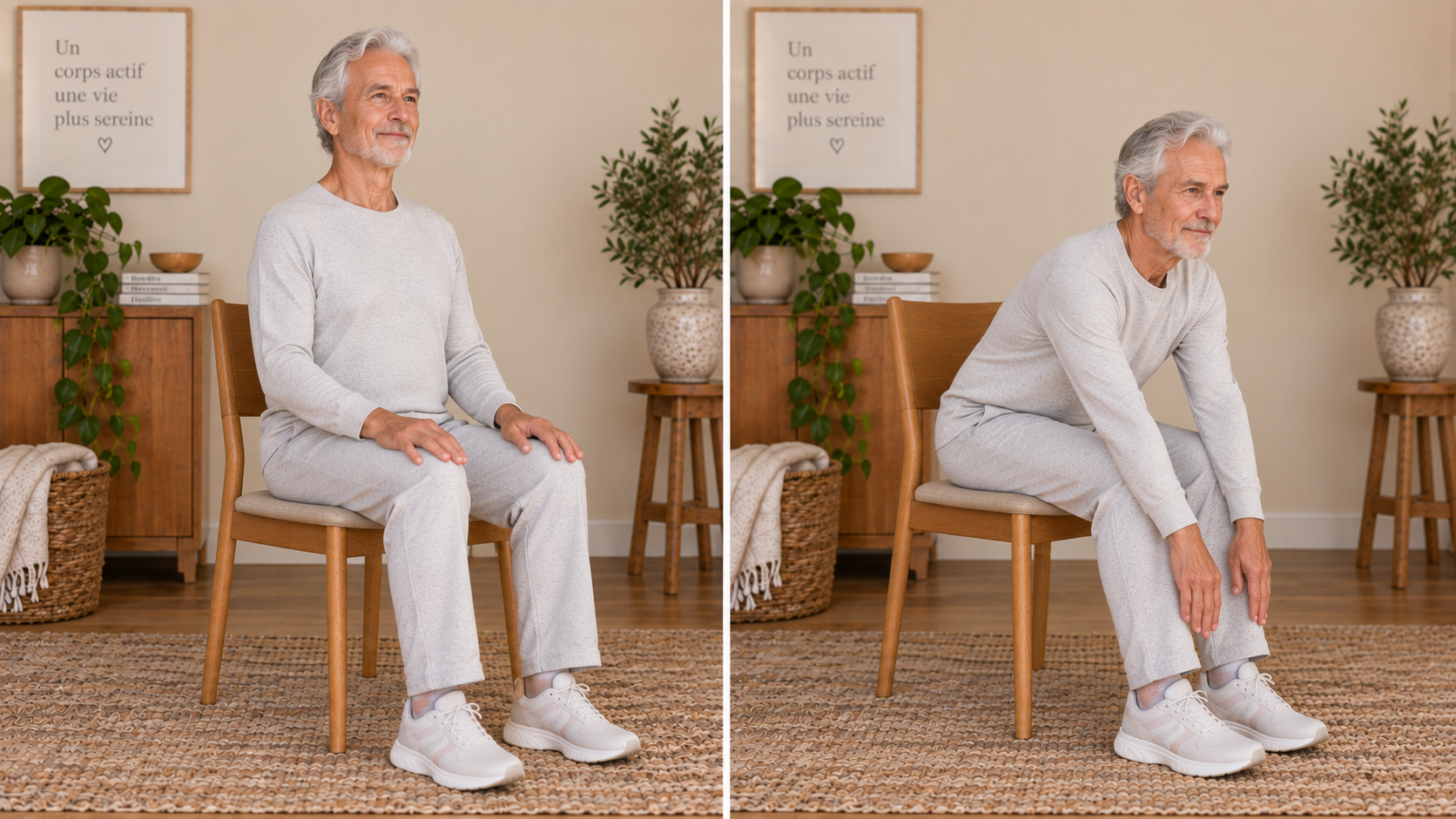 Femme senior réalisant une flexion de buste vers l'avant, position de départ et de fin