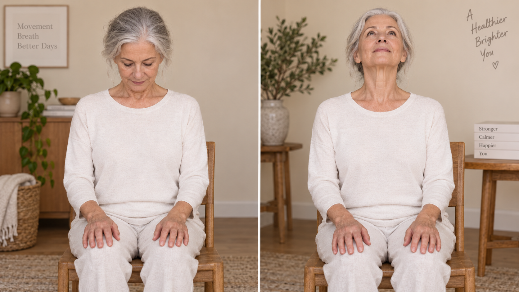 Femme senior réalisant une flexion-extension cervicale, position de départ et de fin
