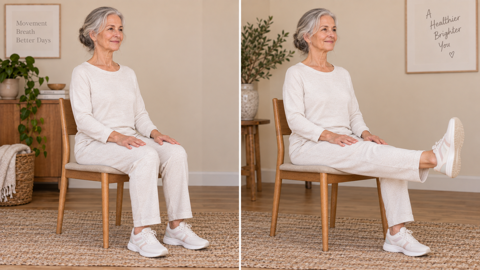 Femme senior réalisant une extension de genou assis, position de départ et de fin