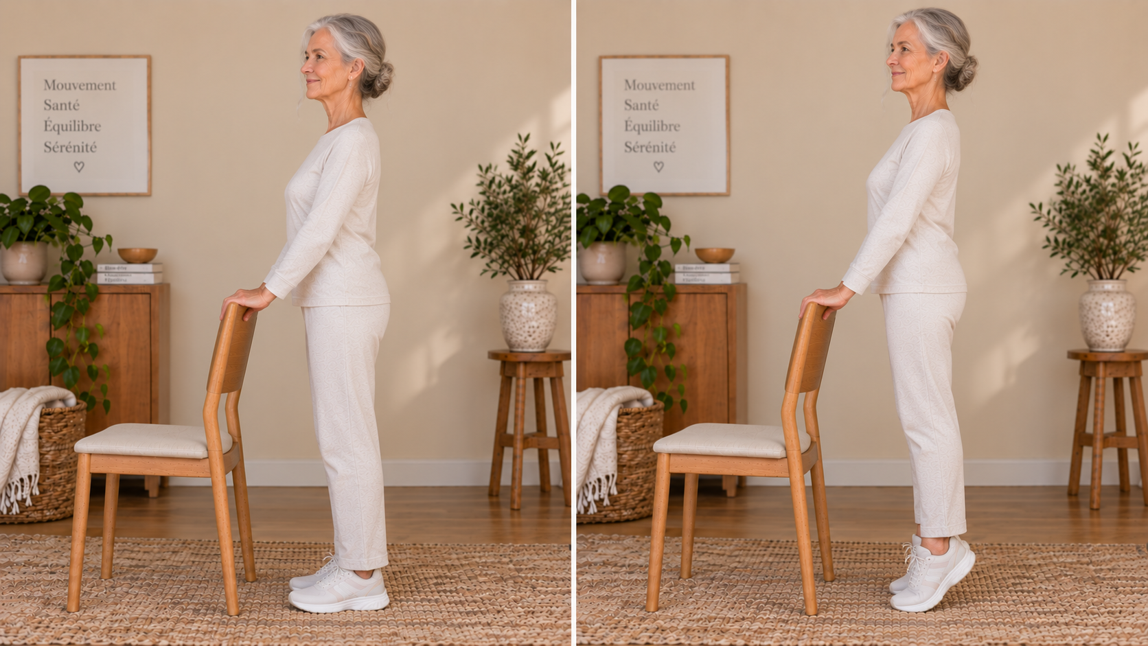 Femme senior réalisant une montée sur pointe de pied en appui contre une chaise, position de départ et de fin