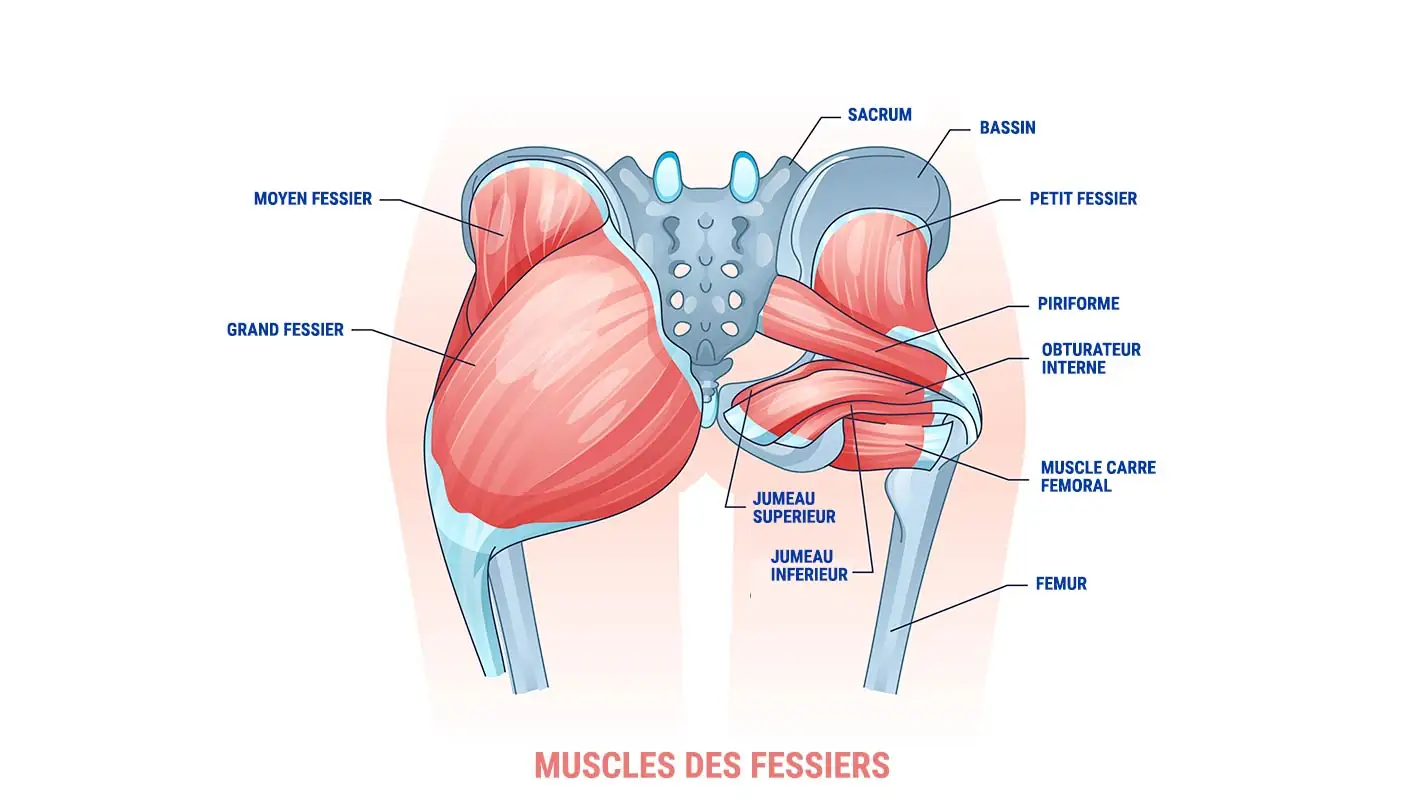 Schéma anatomique des muscles fessiers : grand fessier, moyen fessier, petit fessier