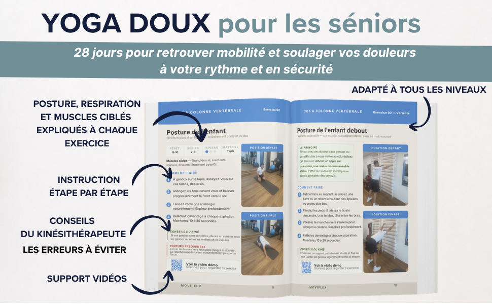 Pages intérieures du livre Yoga Doux pour Seniors : posture, respiration, instructions étape par étape et conseils du kinésithérapeute