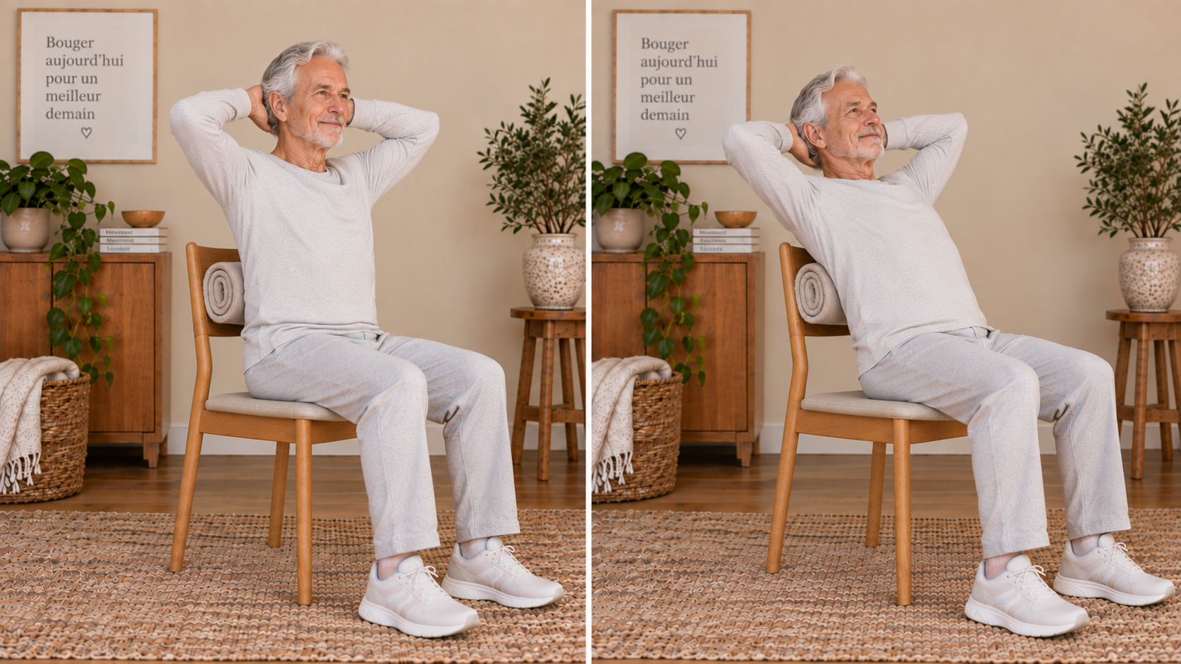 Femme senior réalisant une extension thoracique avec coussin, position de départ et de fin