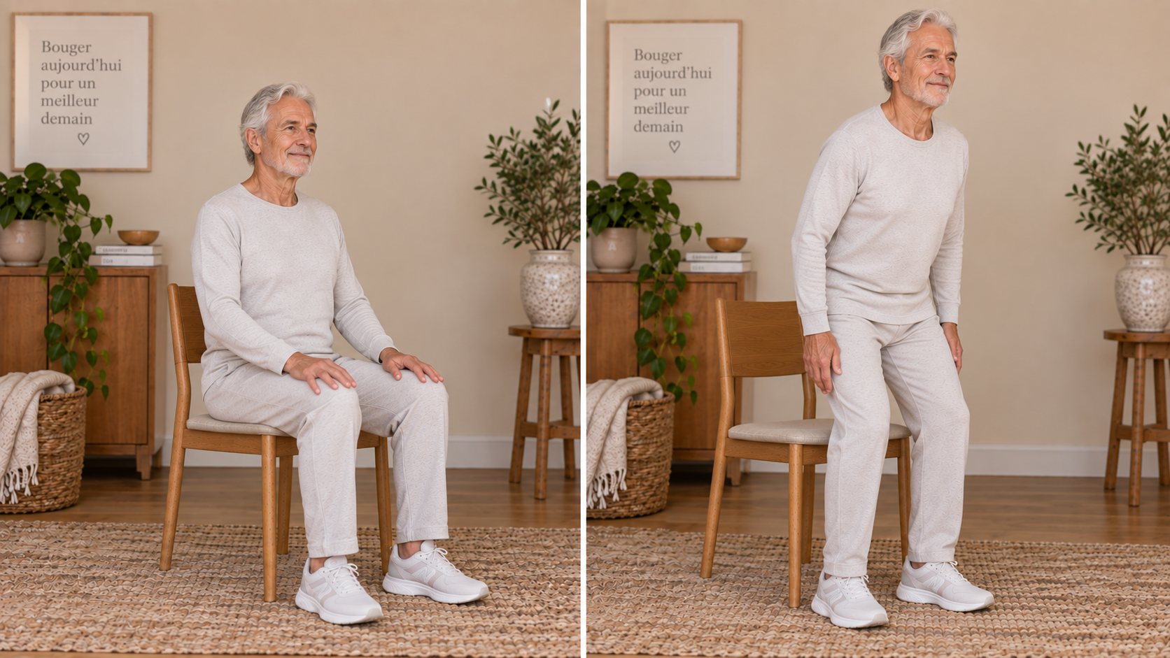 Femme senior réalisant un exercice de mobilité sur une chaise