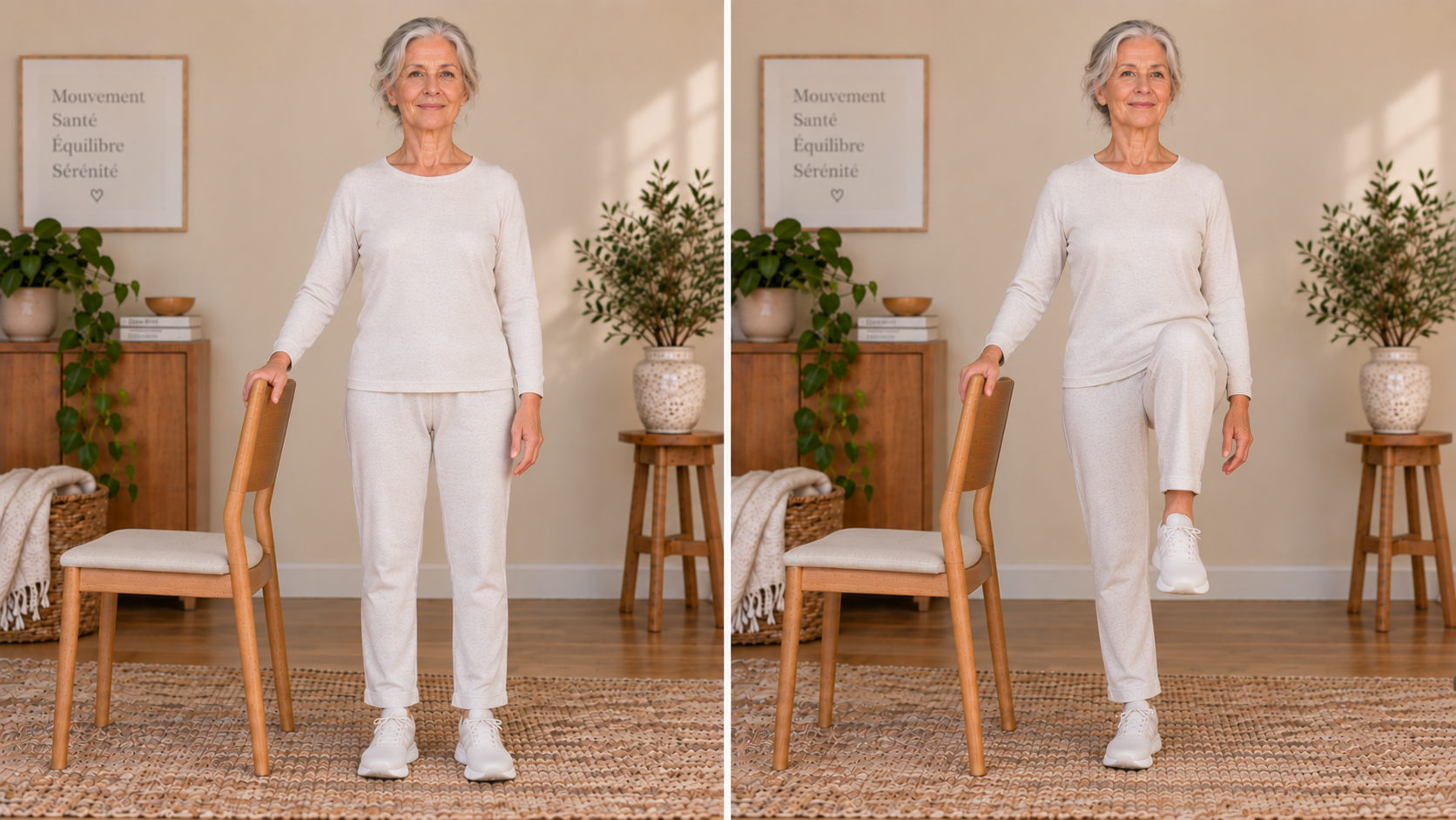Femme senior réalisant une montée de genou debout en appui contre une chaise, position de départ et de fin