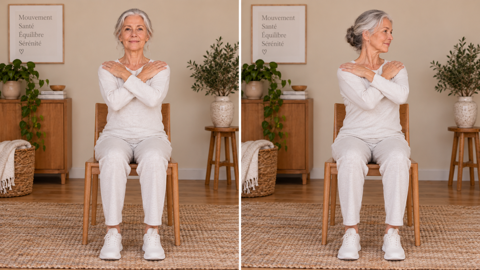 Femme senior réalisant une rotation de buste, position de départ et de fin